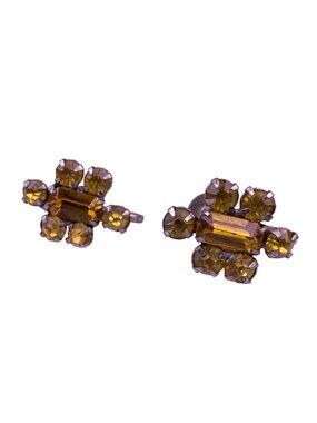 Vintage Unknown Women Silver Tone Floral Rhinestone Screw-Back Earrings